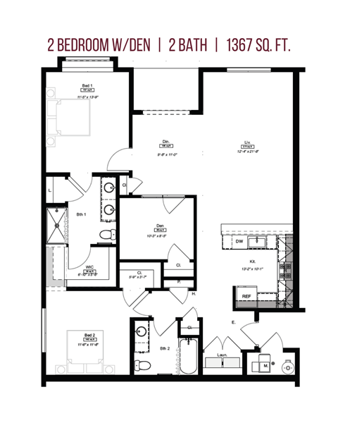 Floor plan for 2 beds, 2 baths, 1297 sqft